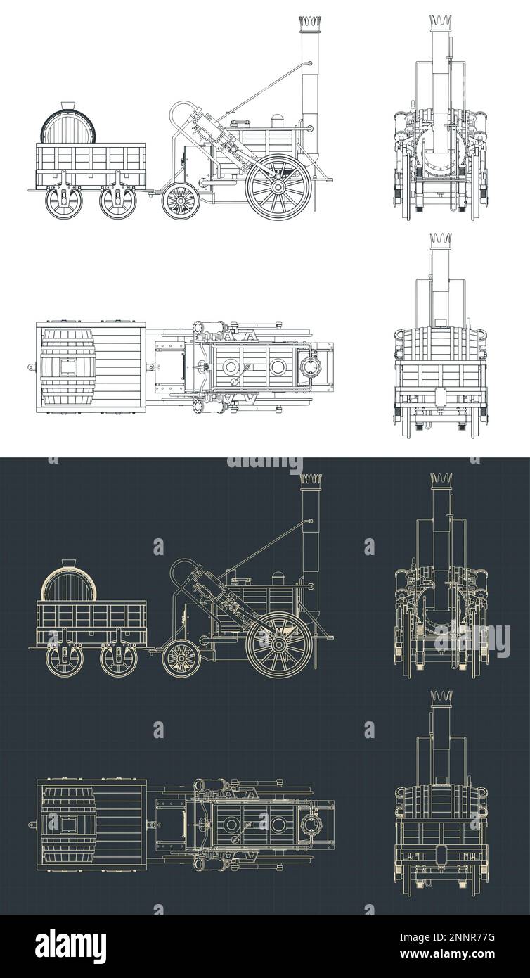 Stylized vector illustrations of blueprints of Robert Stephenson`s Rocket steam locomotive, created in 1829 Stock Vector